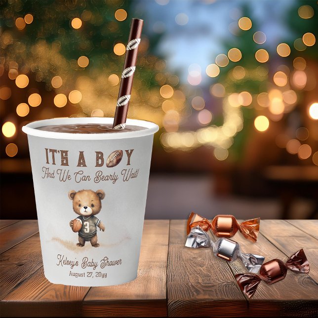Boy Bearly Wait American Football Baby Shower Paper Cups (Teddy Bear Boy "We Can Bearly Wait!" American Football Baby Shower Paper Cup)