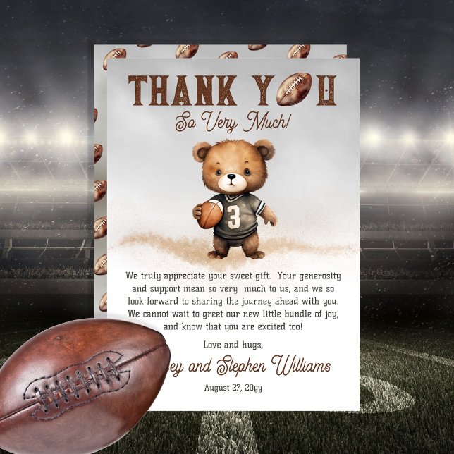 Boy Bearly Wait American Football Baby Shower Thank You Card (Teddy Bear Boy American Football Baby Shower Thank You - Bearly Wait Collection)