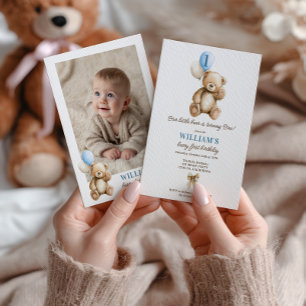 Boy Beary 1st Birthday Teddy Bear Photo Balloons Invitation