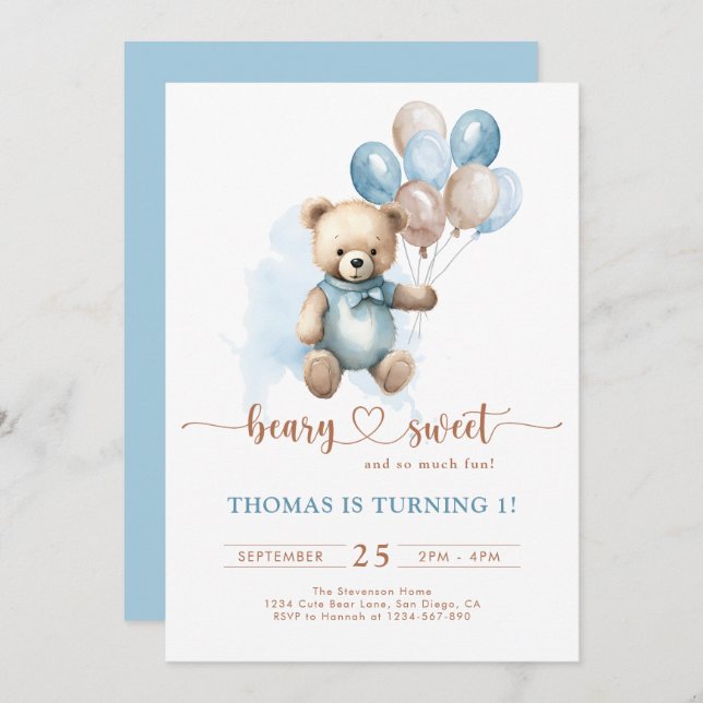 Boy Beary Sweet 1st Birthday Teddy Bear Blue Brown Invitation (Front/Back)