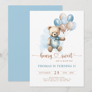 Boy Beary Sweet 1st Birthday Teddy Bear Blue Brown Invitation