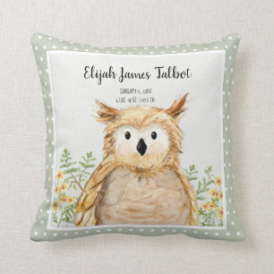 Boy Birth Stat Wise Owl Watercolor Woodland Animal Cushion