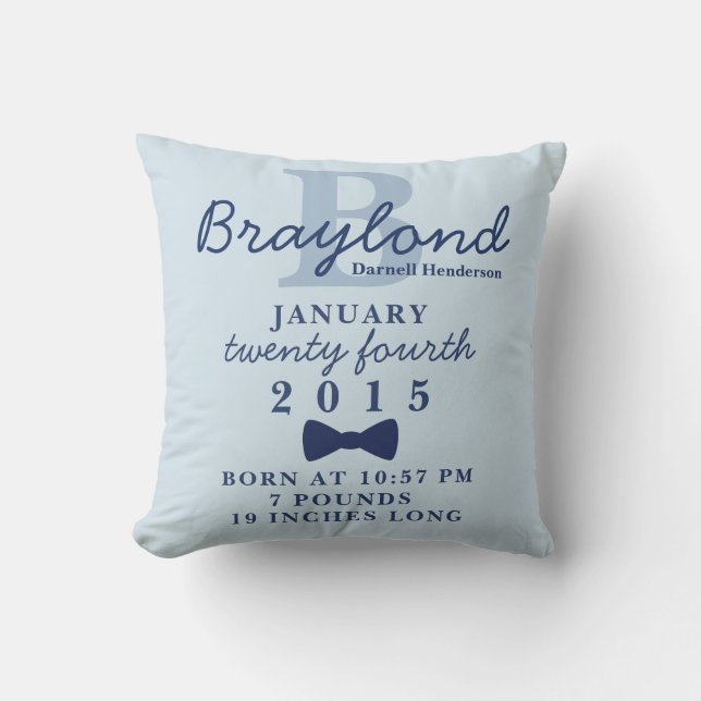 Boy Birth Stats Pillow - Blue Bow Tie (Front)