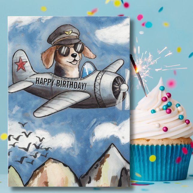 Boy Birthday Dog Aeroplane Clouds Mountains Funny Card (Creator Uploaded)
