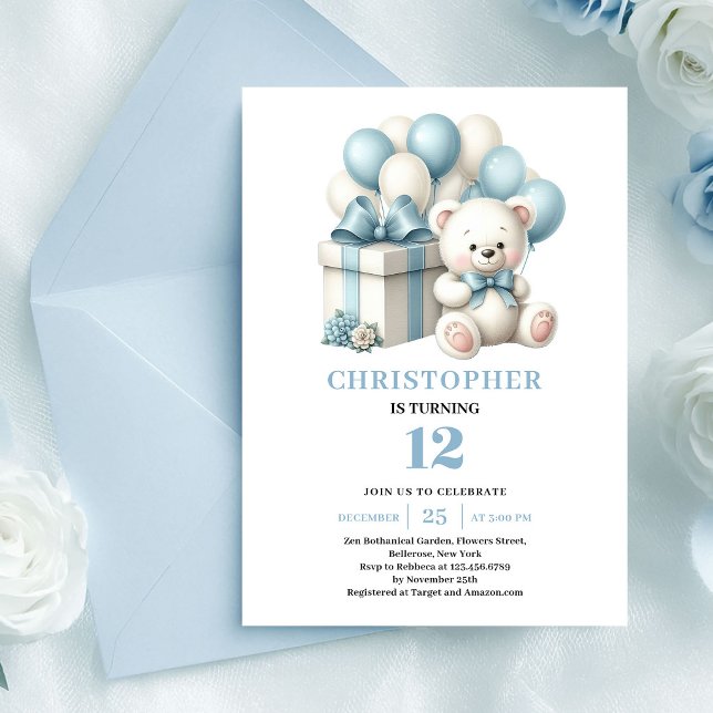 Boy birthday invitation teddy bear balloons blue (Boy birthday invitation teddy bear balloons blue)