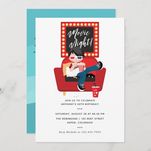 Boy Birthday Movie Night Sleepover Party Invitation (Front/Back)