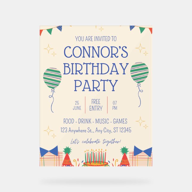 Boy Birthday Party Invitation Acrylic Sign (Front)
