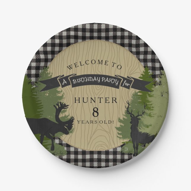 Boy Birthday Party Rustic Black Deer Antler Tree Paper Plate (Front)