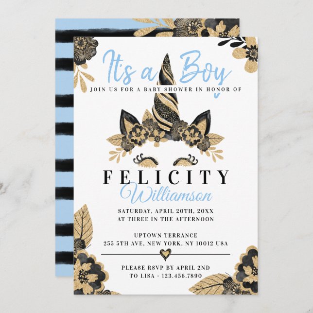 Boy Black Blue Gold Unicorn Baby Shower Invitation (Front/Back)