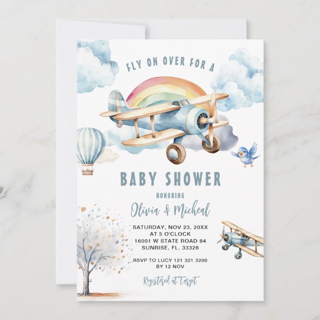 Boy Blue Aeroplane Baby Shower Invitation  (Front)