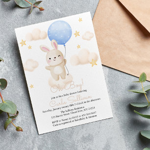 Boy Blue Balloon Cute Bunny Baby Shower Invitation