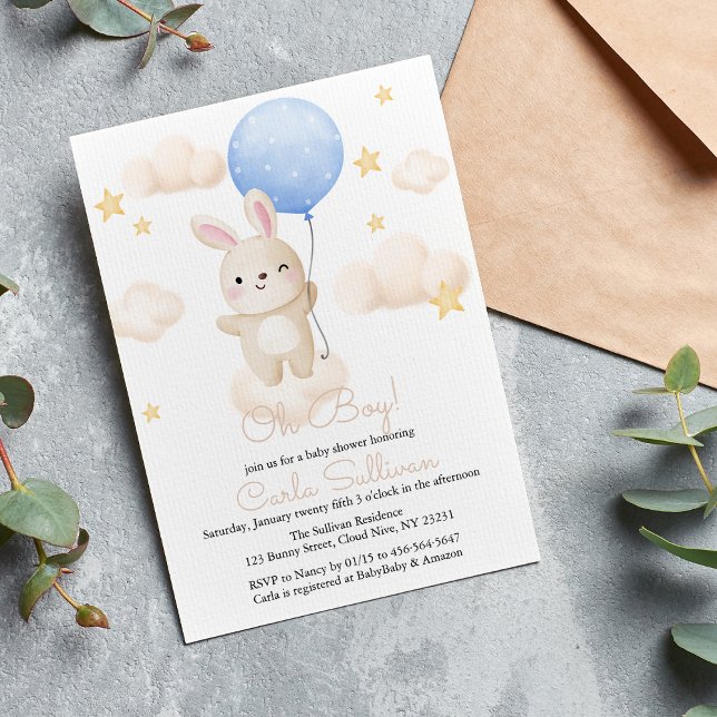 Boy Blue Balloon Cute Bunny Baby Shower Invitation (Creator Uploaded)