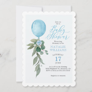 Boy Blue Balloon Greenery Baby Shower Invitation