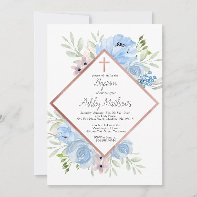 boy blue baptism invitation, first communion invitation (Front)