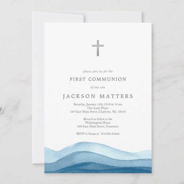 boy blue baptism invitation, first communion invitation (Front)