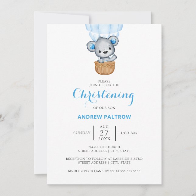 Boy Blue Bear Balloon Christening Invitation (Front)