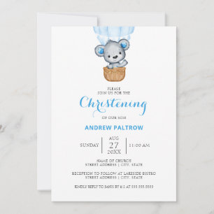 Boy Blue Bear Balloon Christening Invitation