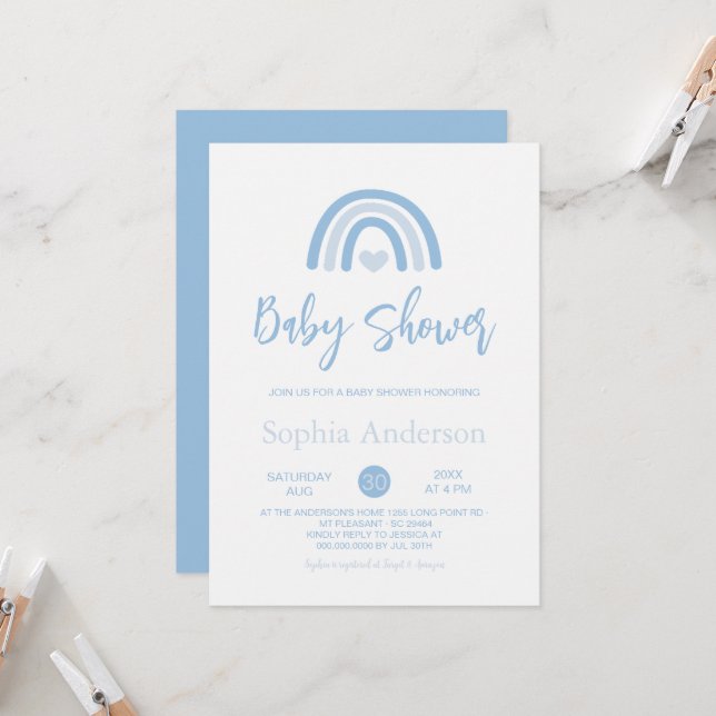 Boy Blue Boho Rainbow Baby Shower  Invitation (Front/Back In Situ)