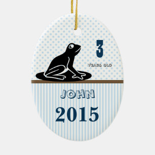 Boy Blue Brown Frog Dot Stripes Photo Christmas Ceramic Tree Decoration