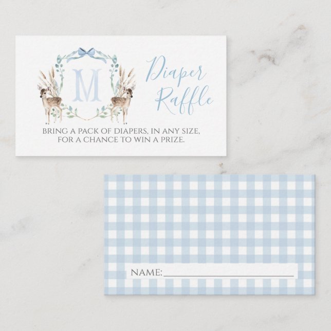 Boy Blue Deer Monogram Crest Diaper Raffle Card (Front/Back)