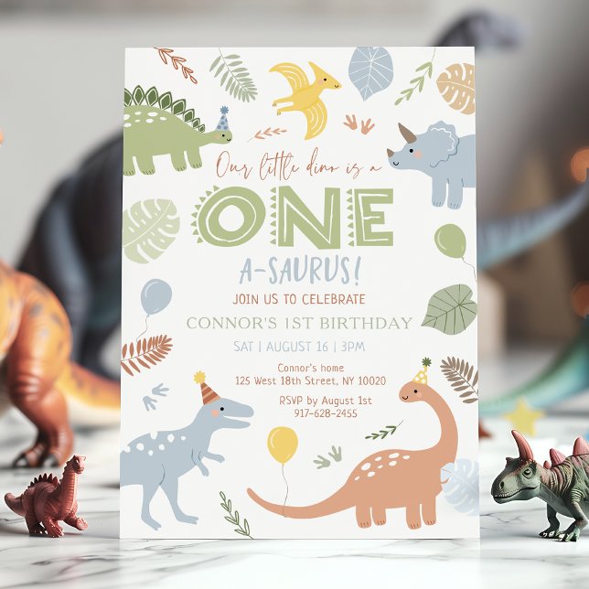 Boy Blue Dinosaur 1st Birthday Invitation (Creator Uploaded)