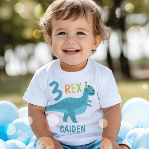 Boy Blue Dinosaur Three Rex 3rd Birthday Party Baby T-Shirt