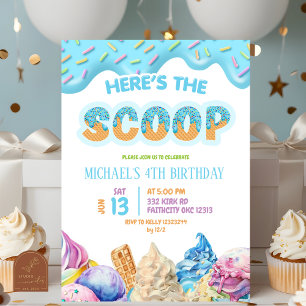 Boy Blue Drip Here's the Scoop Birthday Party Invitation