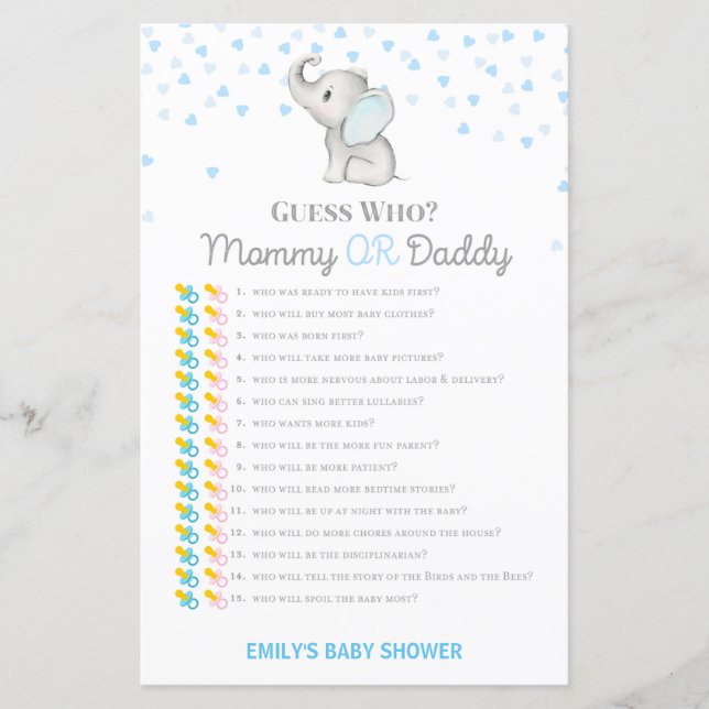 Boy Blue Elephant Baby Shower Game PRINTED (Front)