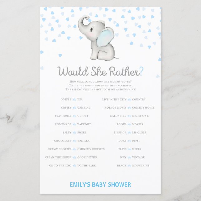 Boy Blue Elephant Baby Shower Game PRINTED (Front)