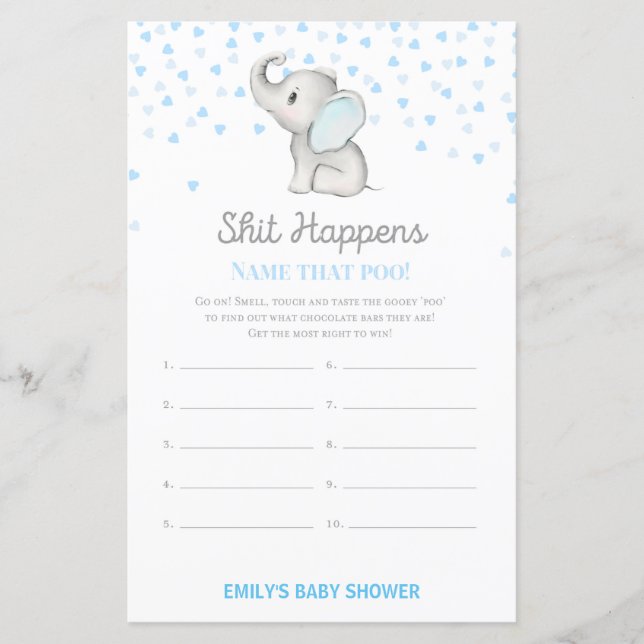 Boy Blue Elephant Baby Shower Game PRINTED (Front)