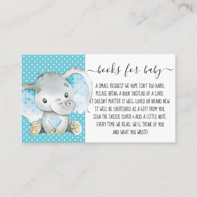 Boy Blue Elephant Book Request for Baby Shower Enclosure Card (Front)