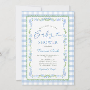Boy Blue Floral Grandmillenial Baby Shower Gingham Invitation