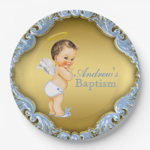 Boy Blue Gold Angel Baptism Christening Paper Plate