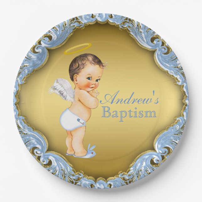 Boy Blue Gold Angel Baptism Christening Paper Plate (Front)