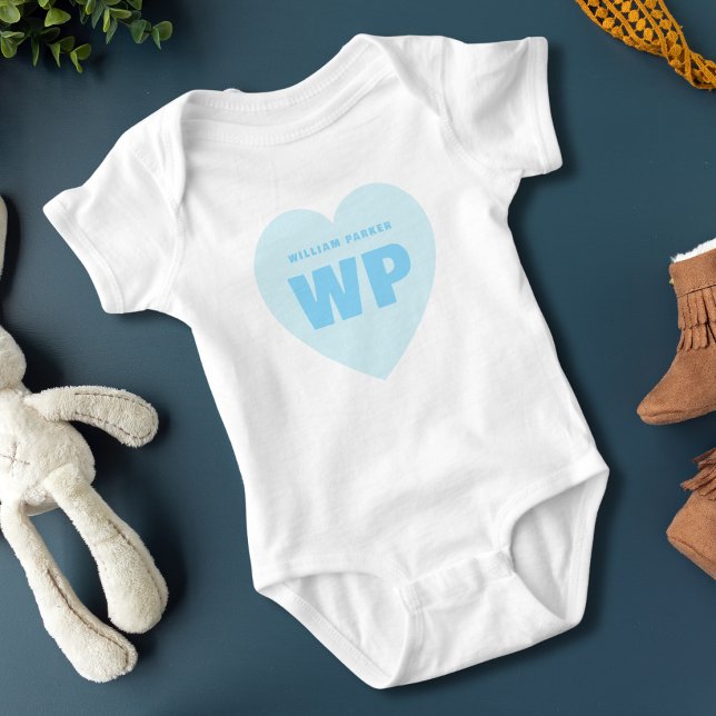 Boy Blue Heart Monogram Newborn Outfit Custom Baby Bodysuit (Creator Uploaded)