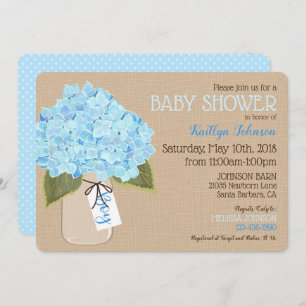 Boy Blue Hydrangea Mason Jar Rustic Baby Shower Invitation