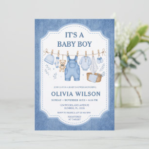 Boy Blue Jean Clothesline Baby Shower  Invitation