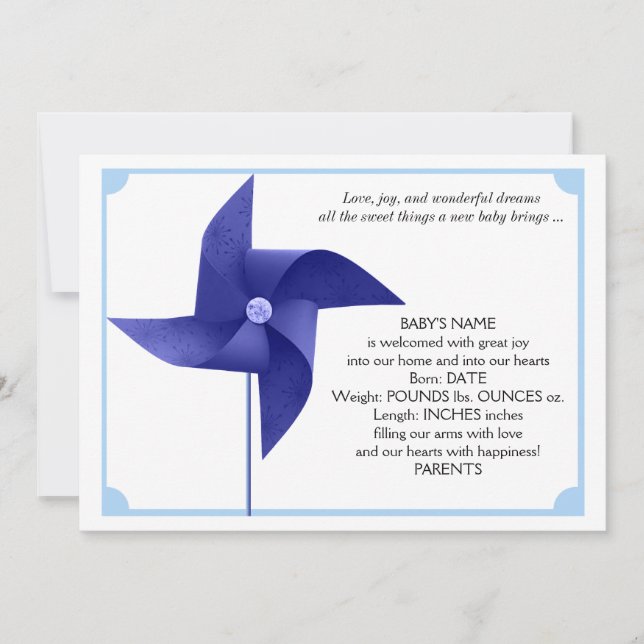 Boy Blue Pinwheel Baby Announcement (Front)