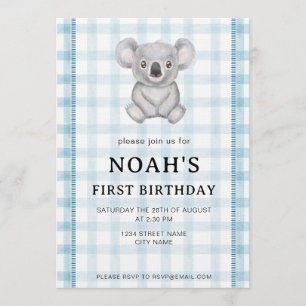 Boy Blue Plaid Koala 1st Birthday Party Invitation