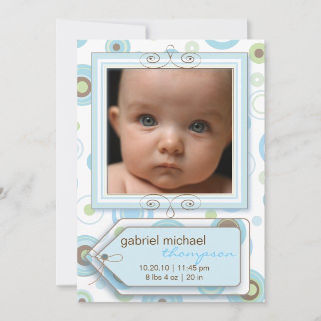 Boy Blue Polka Dot & Stripes Baby Announcement (Front)