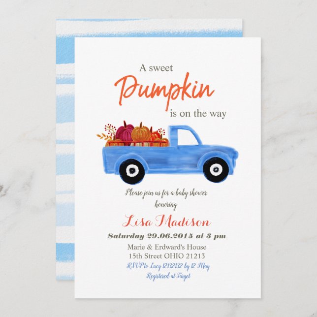 Boy Blue Pumpkin is on the way baby shower Invitation (Front/Back)