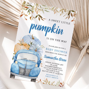 Boy Blue Pumpkin Truck Baby Shower Invitation
