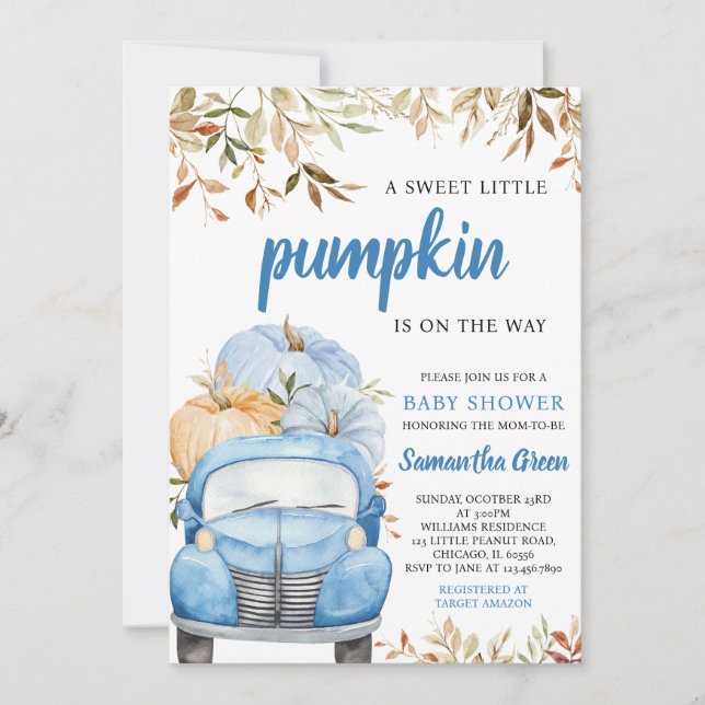 Boy Blue Pumpkin Truck Baby Shower Invitation (Front)