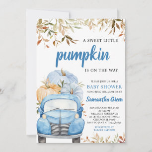 Boy Blue Pumpkin Truck Baby Shower Invitation