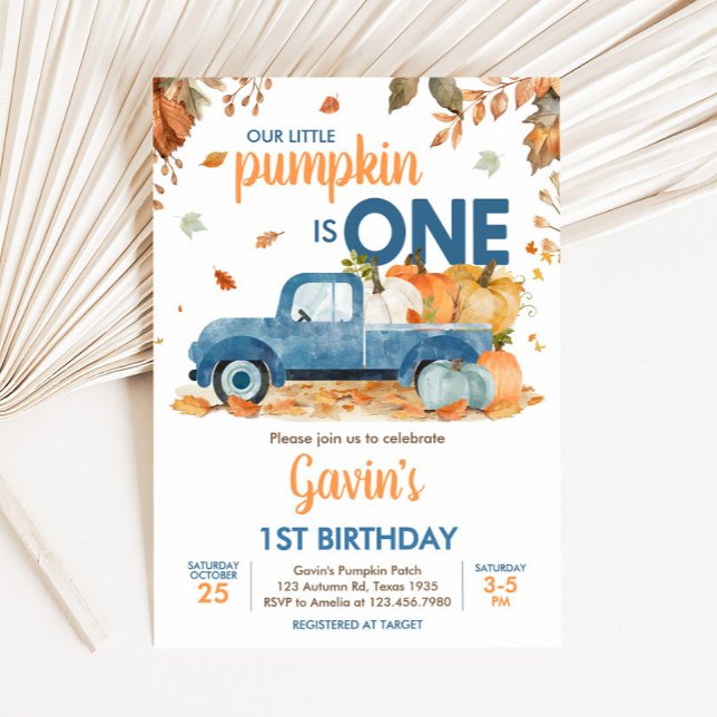 Boy Blue Pumpkin Truck Fall Birthday  Invitation (Blue Pumpkin Truck Fall Birthday Invitation)