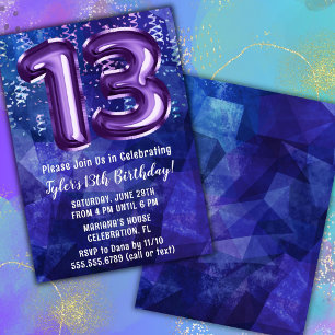 Boy Blue Purple 13th Birthday Invitation