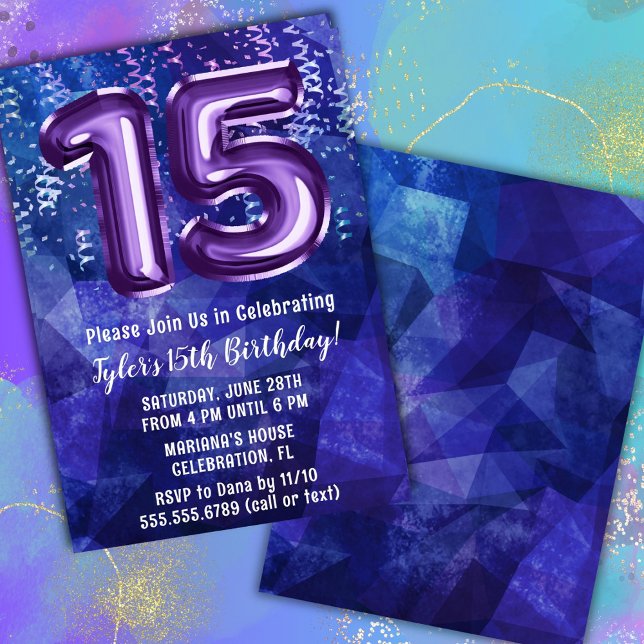 Boy Blue Purple 15th Birthday Invitation (Creator Uploaded)