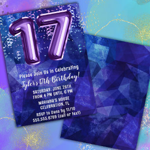 Boy Blue Purple 17th Birthday Invitation