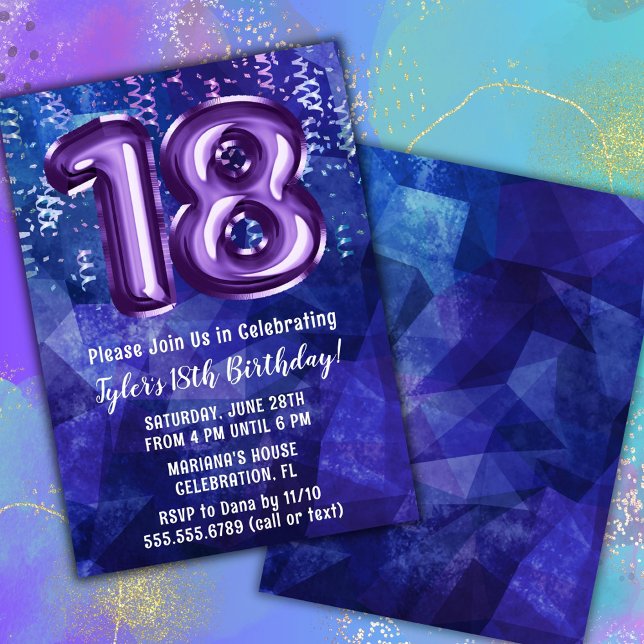 Boy Blue Purple 18th Birthday Invitation (Creator Uploaded)