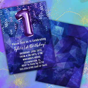 Boy Blue Purple 1st Birthday Invitation